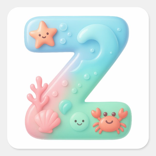 Sticker Carré "Z" Cute Letter - Underwater Sea Creature  (Devant)