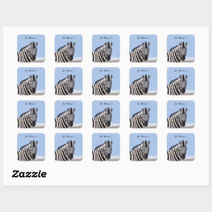 Sticker Carré Zebra vous regardant avec le texte de photo bleu c