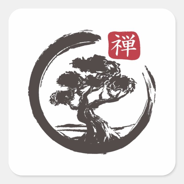 Sticker Carré Zen Bonsai Tree Enso Cercle japonais (Devant)