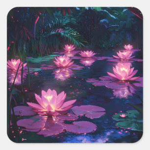 Sticker Carré Zen minuit Nature Étang de lotus rose