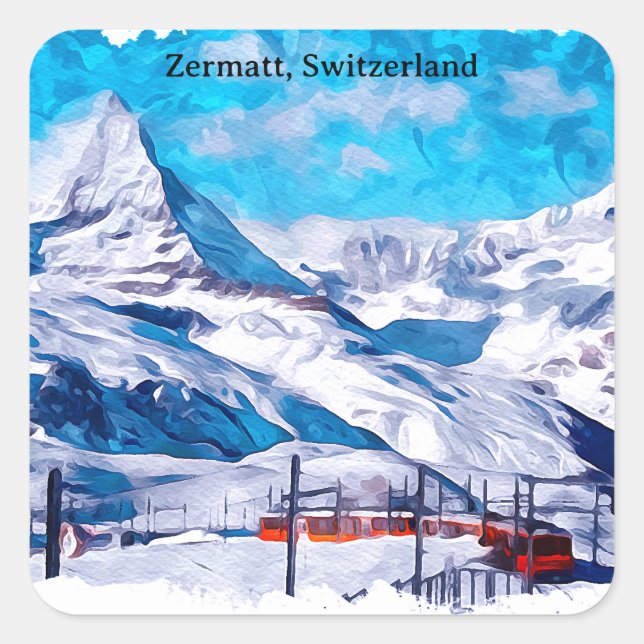 Sticker Carré Zermatt Suisse Alpes suisses Aquarelle d'hiver (Devant)
