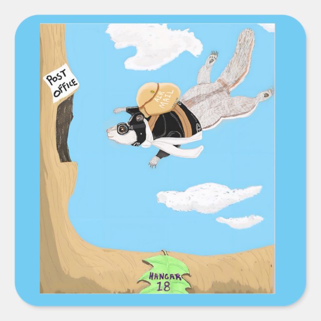 Sticker Carré Ziggy Flying Squirrel 🐿️ livre le courrier (Devant)