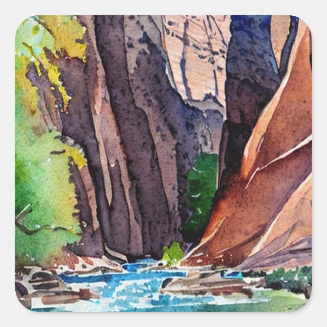 Sticker Carré Zion National Park Utah The Narrows Watercolor (Devant)