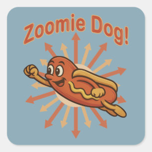 Sticker Carré Zoomie Dog Flying Hot Dog Dessin Animé Rétro Amusa