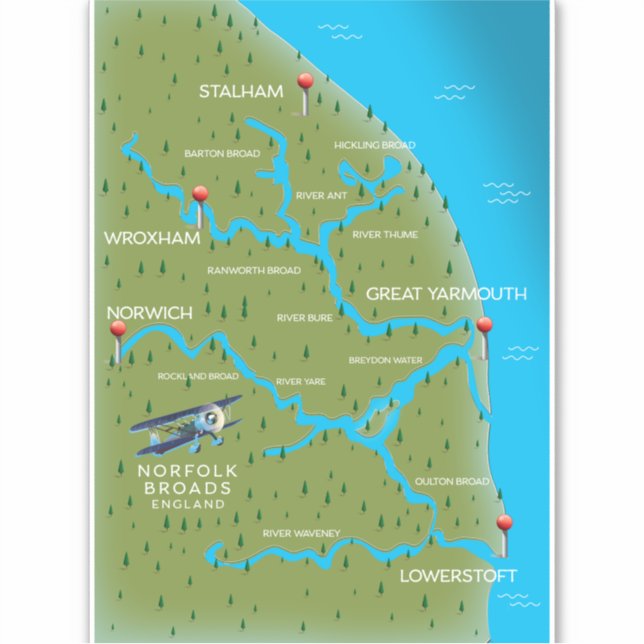 Sticker Carte de Norfolk Broads Angleterre. (Devant)