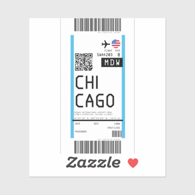 Sticker Carte d'embarquement pour Chicago (MDW) (Feuille)