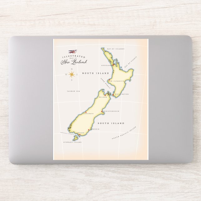 Sticker Carte illustrée de la Nouvelle-Zélande (Ordinateur)