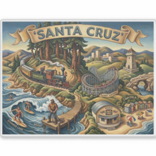 Sticker Carte illustrée de Santa Cruz Californie avec le q