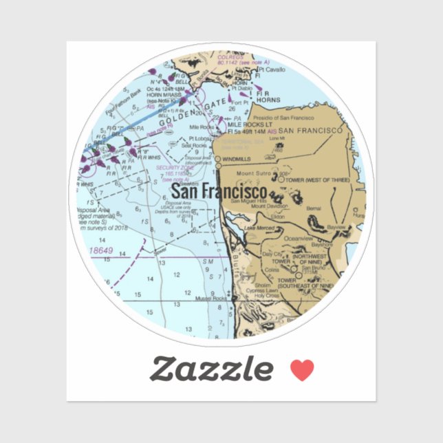 Sticker Carte marine de San Francisco CA (Feuille)
