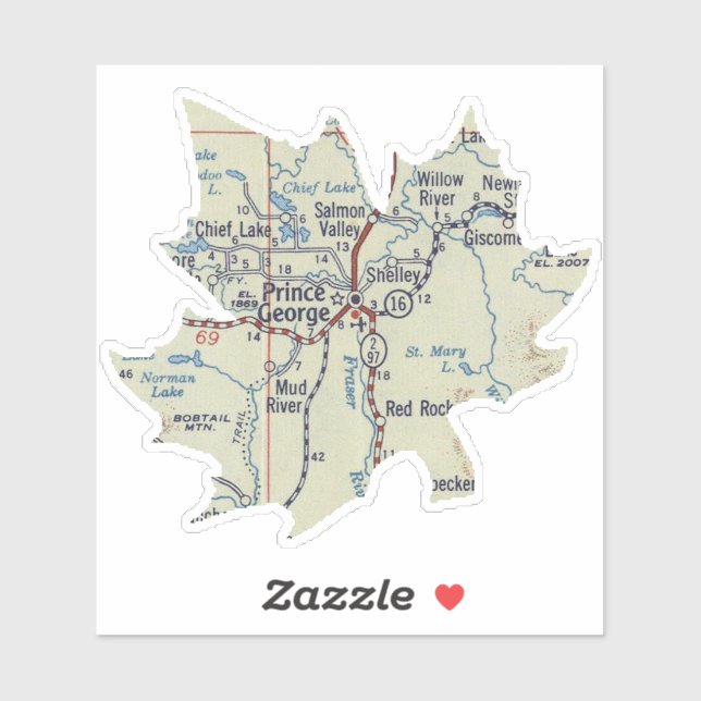 Sticker Carte Prince George BC (Feuille)