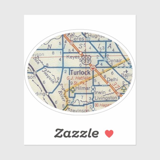 Sticker Carte routière Vintage de Turlock CA (Feuille)