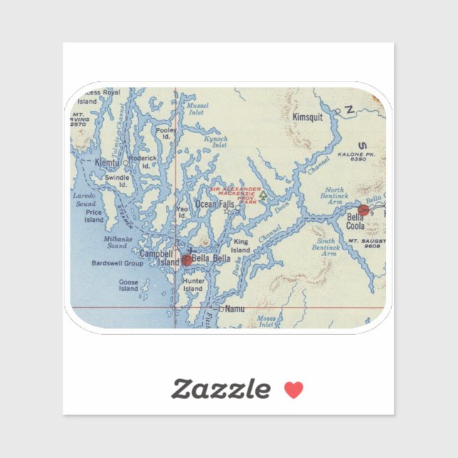 Sticker Carte Vintage Bella Coola BC (Feuille)