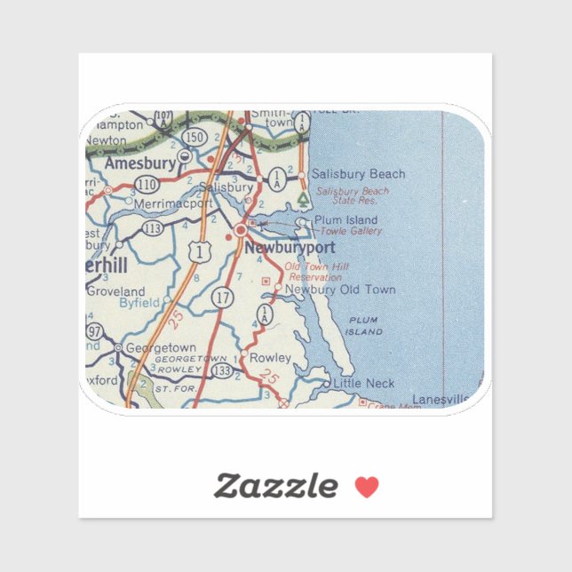 Sticker Carte Vintage de Newburyport MA (Feuille)