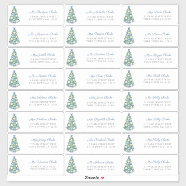 Sticker Cartes de Noël bleu blanc décoré Arbre Adresse (Feuille)