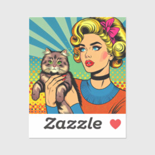 Sticker Cartoon Comic Pop Art Femmes tenant un chat