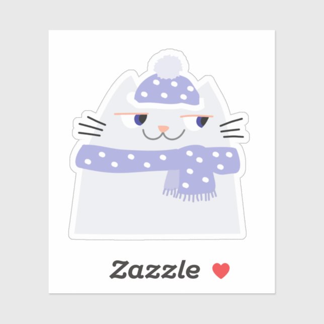 Sticker Cartoon de chat blanc mignon avec Casquette d'hive (Feuille)