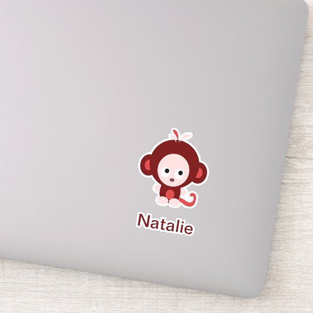 Sticker Cartoon rose singe bébé avec texte personnalisable (Détail)