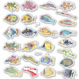 Sticker Cartoon Tropical Reef Poisson Aquarelle Contour