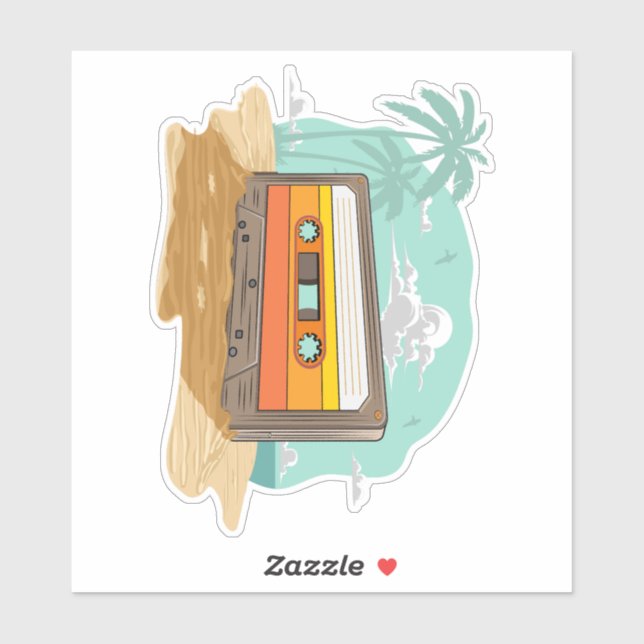 Sticker Cassette Retro 80's sur la plage Rewind (Feuille)