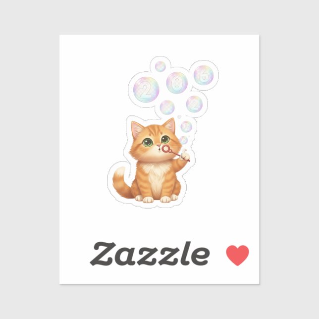 Sticker  Cat Blowing Shiny Bubbles New Year 2026  (Feuille)