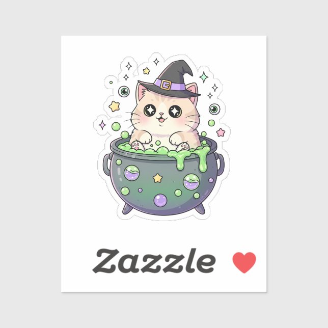 Sticker Cauldron Cutie - Chubby Kitten dans une sorcière b (Feuille)