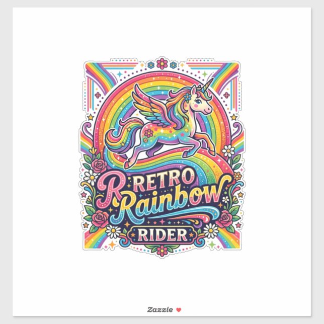 Sticker Cavalier Licorne Arc-en-Ciel Rétro (Feuille)
