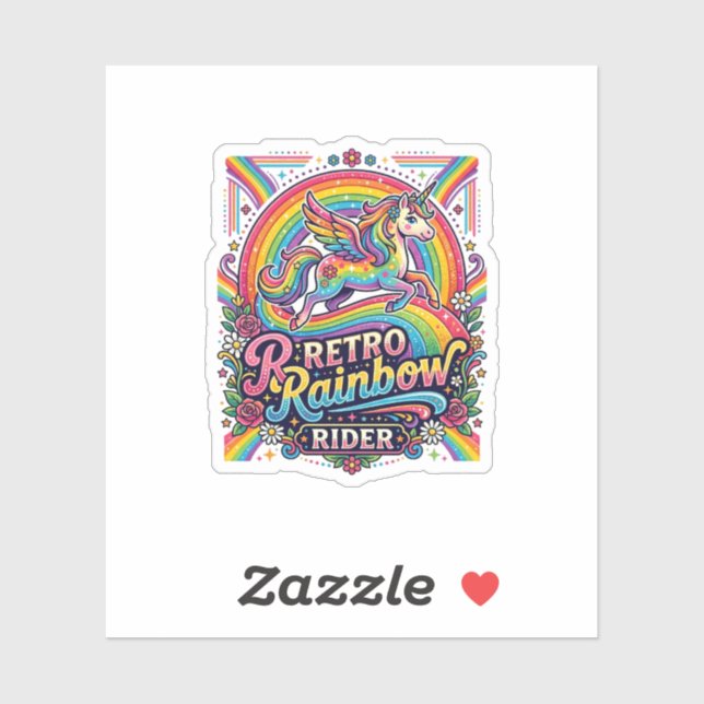 Sticker Cavalier Licorne Arc-en-Ciel Rétro (Feuille)