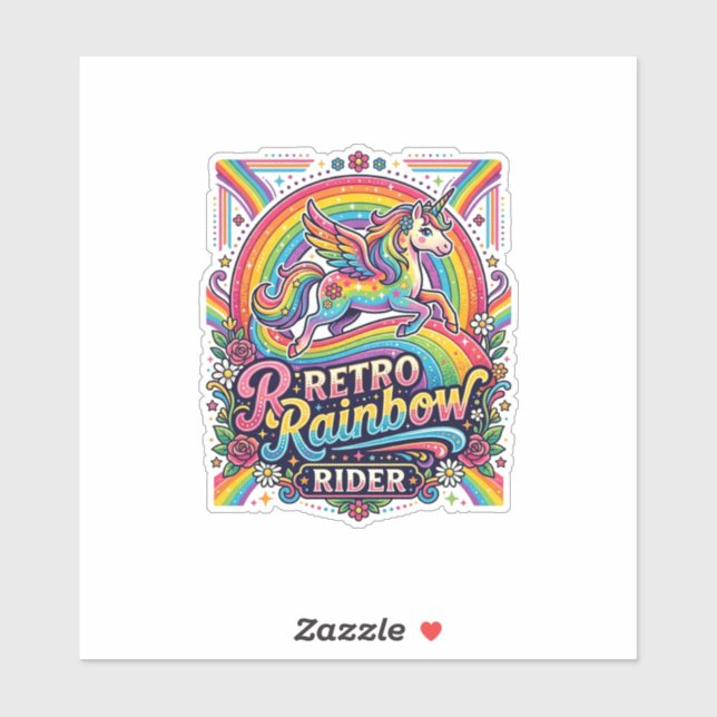 Sticker Cavalier Licorne Arc-en-Ciel Rétro (Feuille)