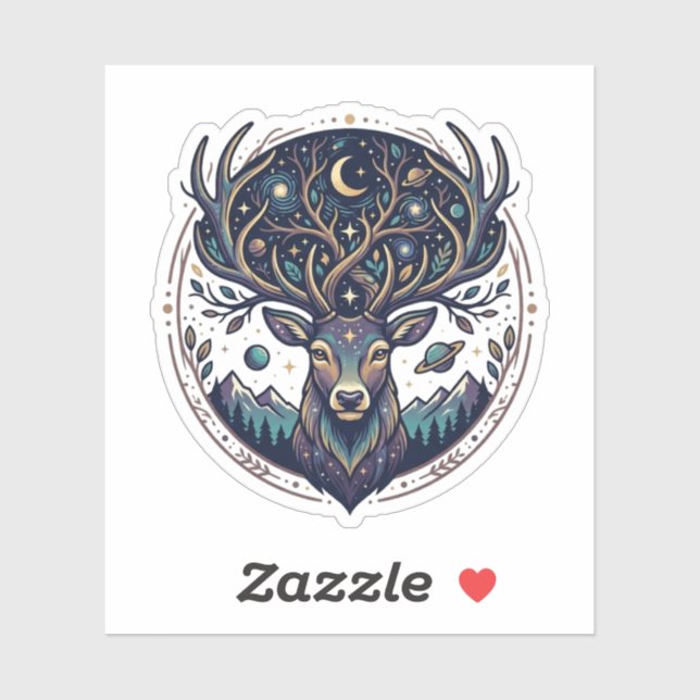 Sticker Celestial Deer Mystical Moon & Star Art Stag (Feuille)
