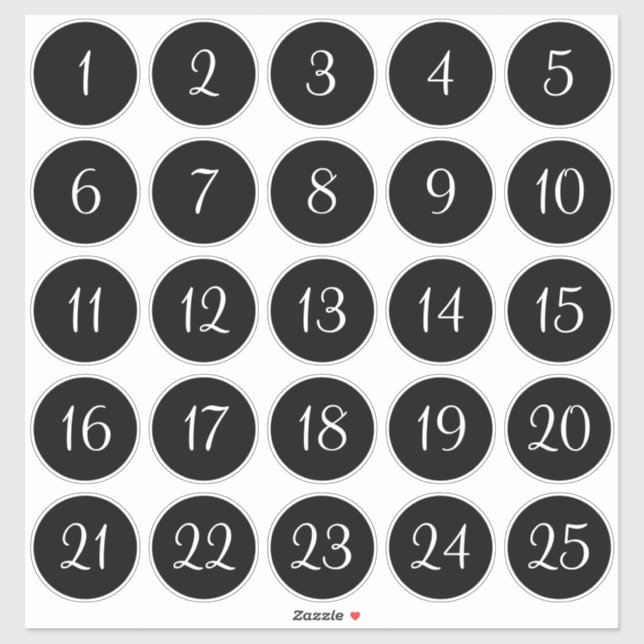 Sticker Cercles numérotés Noir et Blanc 1 - 25 (Feuille)