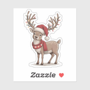 Sticker Cerf Animal Noël Cerf Chapeau de Père Noël Xmas