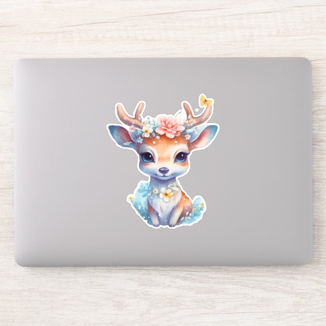 Sticker Cerf de Bébé mignon avec Antlers et Fleurs (Ordinateur)