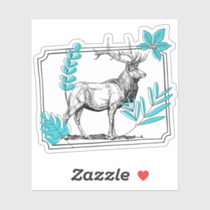Sticker Cerf Majestueux & Feuilles Turquoise - Art Vintage