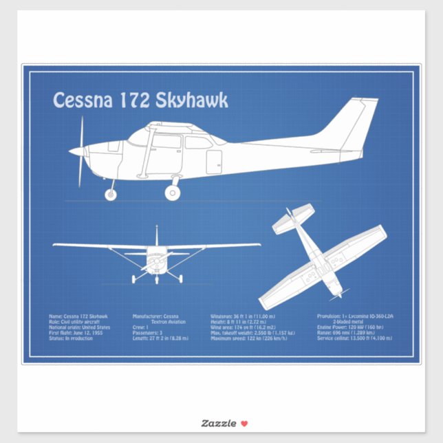 Sticker Cessna 172 Skyhawk - Plan directeur de l'avion ABD (Feuille)