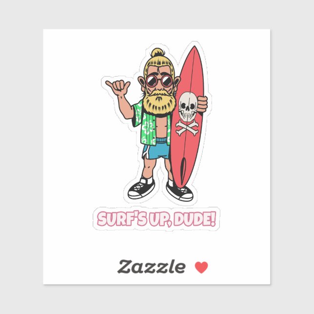 Sticker C'est la vague, mec ! Surfeur barbu de dessin anim (Feuille)