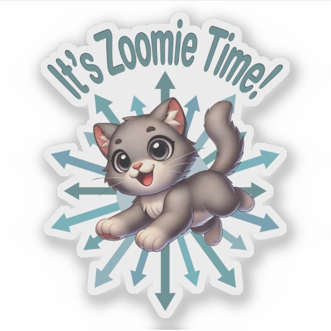 Sticker C'est Zoomie Time Cute Grey & White Cat (Devant)