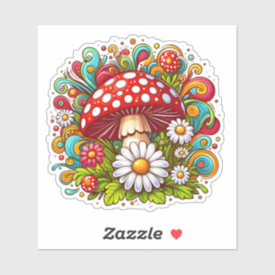 Sticker Champignon parmi des fleurs extérieures vibrantes