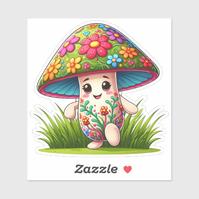 Sticker Champignons colorés dans un jardin luxuriant (Feuille)