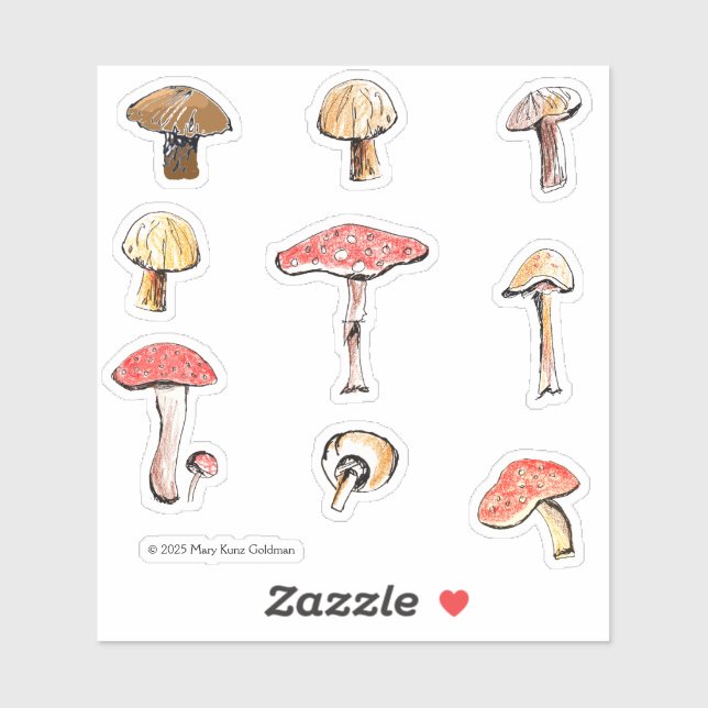 Sticker Champignons Illustrés à la Main Forêt Enchantée et (Feuille)