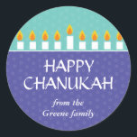 Sticker Chanukah Menorah<br><div class="desc">Allumez la menorah et partagez votre joie sur Chanukah. Un message de fête couronné par un Chanukah menorah entièrement éclairé s'imprime contre des panneaux de violet et turquoise avec un motif en cercle subtil. Disponible dans des couleurs alternatives avec correspondance postale, photocard, carte et étiquette.</div>