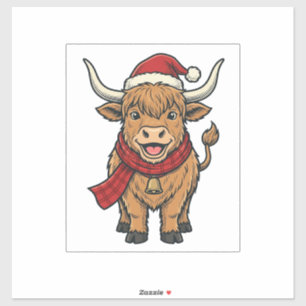 Sticker Chapeau de Santa Cow Highland Noël Vintage Vector_