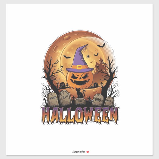 Sticker Chapeau de sorcière de citrouille d'Halloween Chat (Feuille)