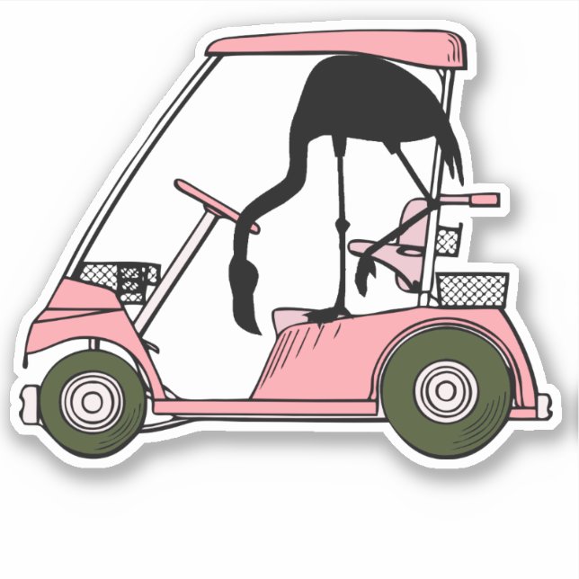 Sticker Chariot de golf et caddie flamant rose drôle (Devant)