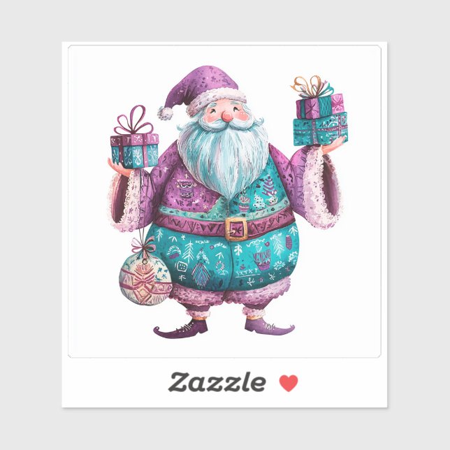 Sticker Charmante Violet Festive Père Noël Avec Cadeaux De (Feuille)