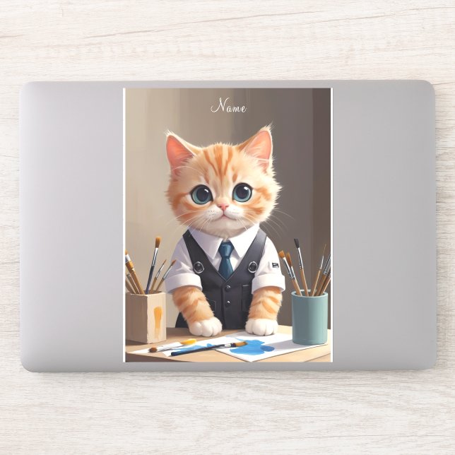 Sticker Charming Ginger Cat Artiste avec pinceaux mignonne (Ordinateur)