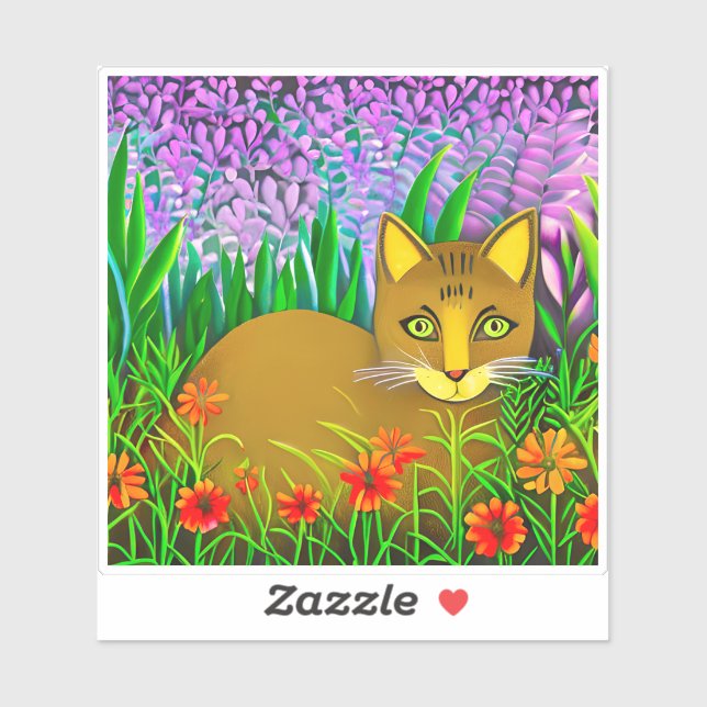 Sticker Chat à l'oeil vert dans un jardin fleuri (Feuille)