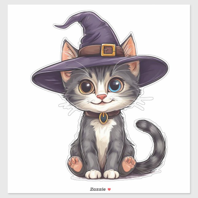 Sticker Chat adorable avec un chapeau de sorcière (Feuille)