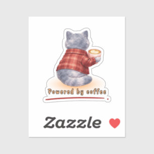 Sticker Chat "Alimenté par le Café" Tenant Une Tasse de Ca