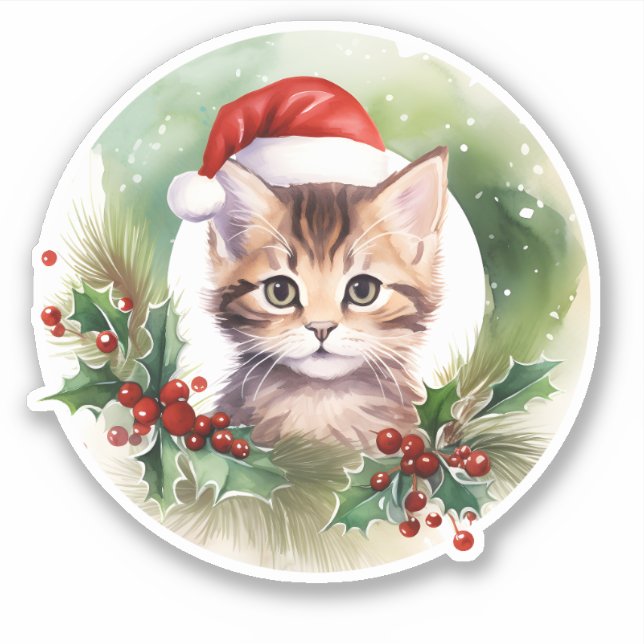 Sticker Chat Aquarelle Avec Wreath Holly Berry (Devant)