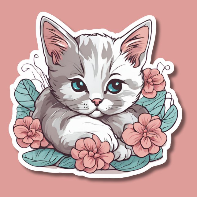 Sticker Chat blanc allongé en Fleurs roses étanche (Créateur téléchargé)